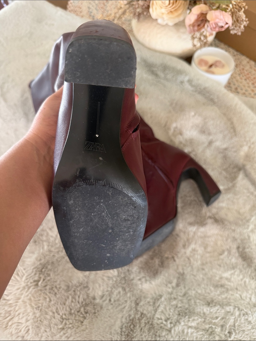 Zara Burgundy Knee-High Square-Toe Heeled Boots - Picture 5 of 5